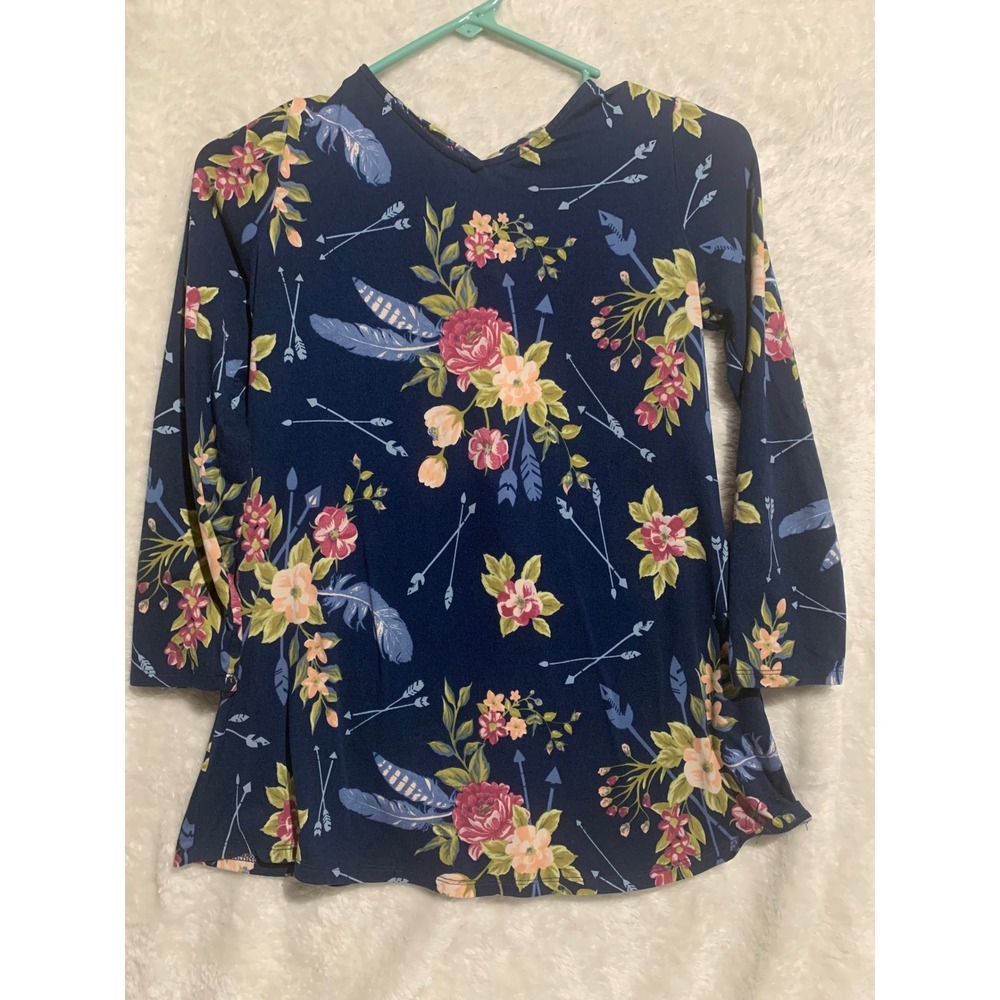 IZ Byer Girl Navy Blue Floral Feather Arrow Lace Up Top Kids Size L 14